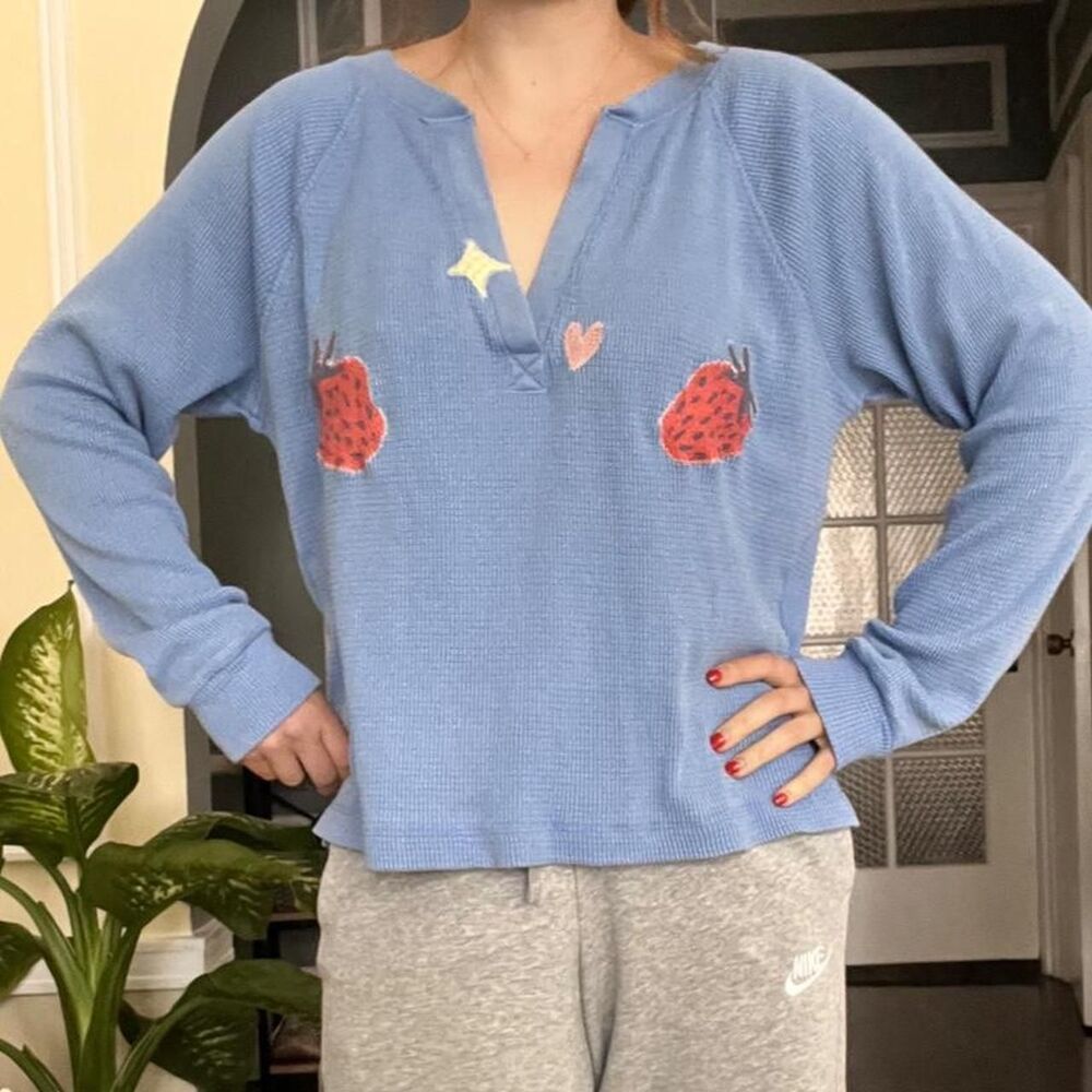 Upcycled whimsical gap waffle knit sweater with appliqué strawberries